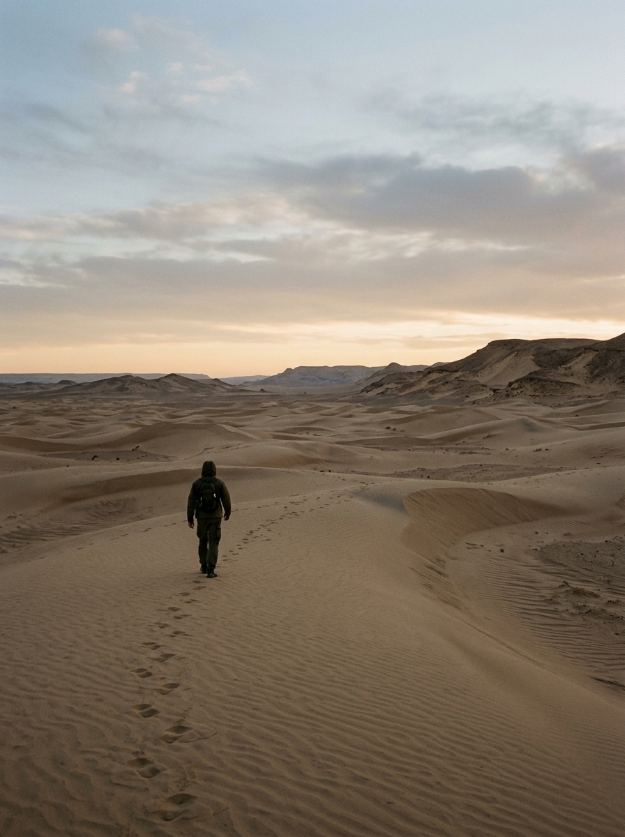 A lone figure standing in a vast desert at dusk