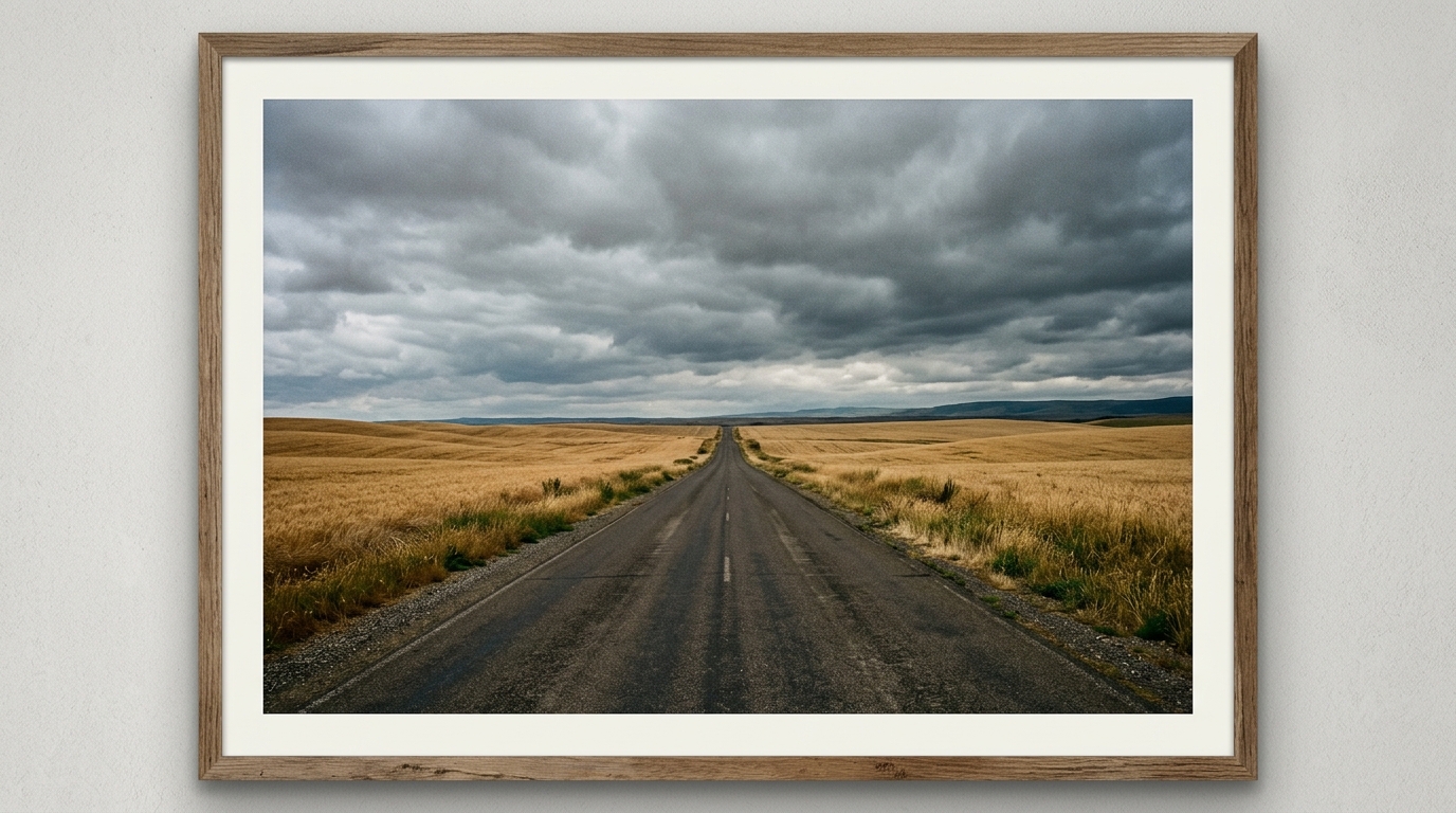 An empty road cutting through golden fields