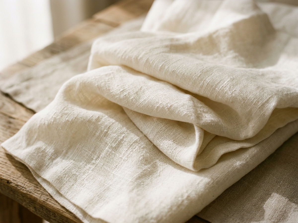 Detail of folded linen fabric in raking light