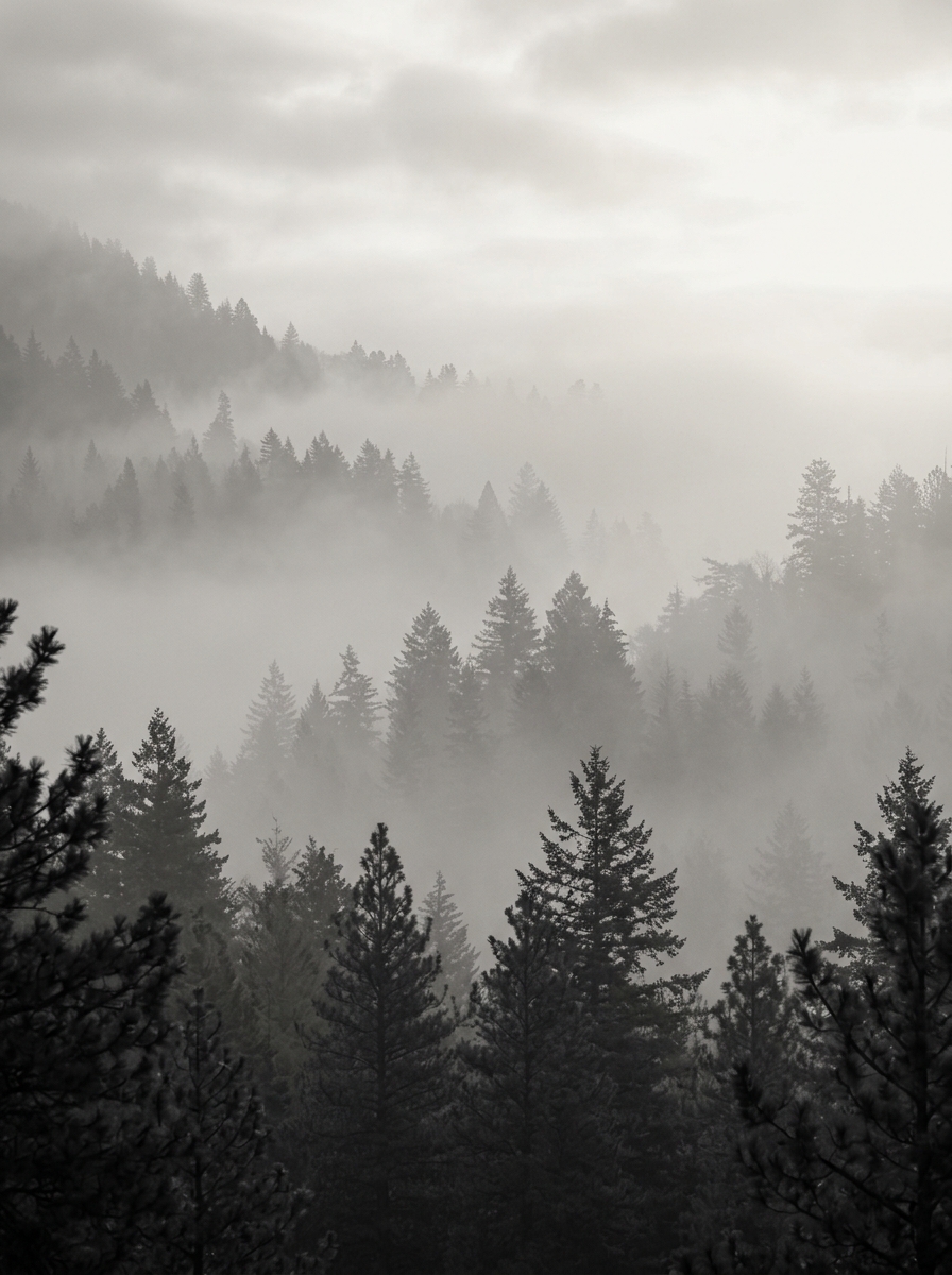 Misty pine forest fading into fog at dawn